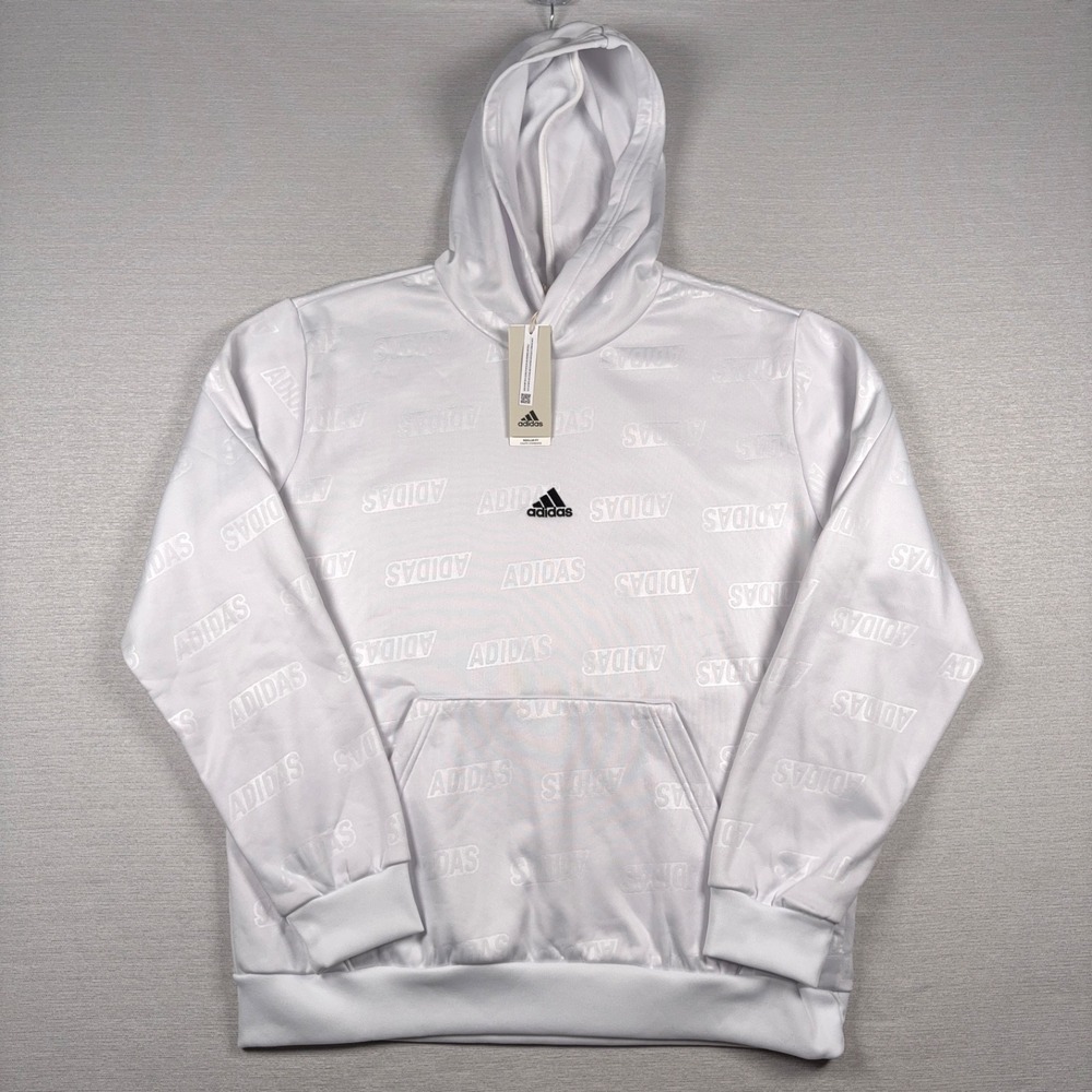 Adidas Embossed Polar Fleece Hoodie HY1278 Mens Size L White Polyester NEW